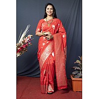 AMIRAT Womens Banarasi Silk Pure Golden Zari Woven With Blouse Piece (Red)