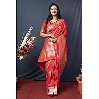 AMIRAT Womens Banarasi Silk Pure Golden Zari Woven With Blouse Piece (Red)