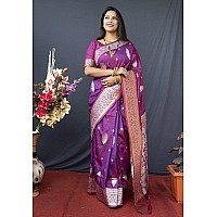 AMIRAT Womens Banarasi Silk Pure Golden Zari Woven With Blouse Piece (Purple)