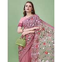 Jaanvi fashion Womens Floral Embroidery Work Net Silk Saree with Lace Border Blouse Piece mmrealmeonionpinkre