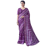 SIRIL Womens Cotton Blend Floral Printed Zari Stripe Saree With Unstitched Blouse Piece 3704S1382Purple