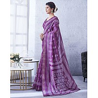 SIRIL Womens Cotton Blend Floral Printed Zari Stripe Saree With Unstitched Blouse Piece 3704S1382Purple