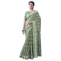 SIRIL Womens Cotton Blend Floral Printed Zari Stripe Saree With Unstitched Blouse Piece 3704S1386Pista Green