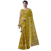 SIRIL Womens Cotton Blend Floral Printed Zari Stripe Saree With Unstitched Blouse Piece 3704S1381Yellow