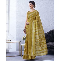 SIRIL Womens Cotton Blend Floral Printed Zari Stripe Saree With Unstitched Blouse Piece 3704S1381Yellow