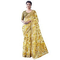 SIRIL Womens Cotton Blend Floral Printed Zari Stripe Saree With Unstitched Blouse Piece 3704S1387Yellow Beige