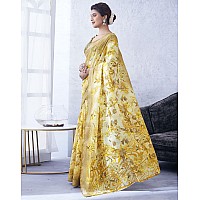 SIRIL Womens Cotton Blend Floral Printed Zari Stripe Saree With Unstitched Blouse Piece 3704S1387Yellow Beige