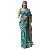 MIRCHI FASHION Womens Silk Blend Ikkat Block Printed Saree with Blouse Piece 42032Dusty Turquoise Off White Brown