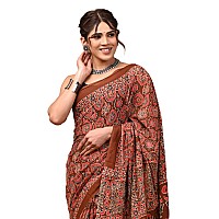 Crafts Moda Womens Cotton Brown Ajrakh Print Saree with Blouse Piece