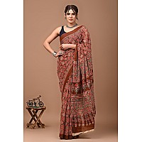 Crafts Moda Womens Cotton Brown Ajrakh Print Saree with Blouse Piece