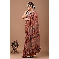 Crafts Moda Womens Cotton Brown Ajrakh Print Saree with Blouse Piece