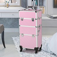 Yaheetech Rolling Makeup Train Case 3 In 1 Cosmetic Makeup Case Large Aluminum Trolley Makeup Travel Case Professional Rolling C