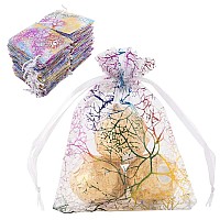 Wudygirl 100Pcs Drawstring Organza Bag 354X47 Inches White Coralline Pattern Jewelry Candy Pouches Wedding Party Christmas Fav