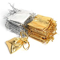 Wudygirl 100 Pcs 354X472 Inches Drawstring Satin Bags Mixed Gold Silver Jewelry Wedding Party Marbles Coins Pouches Bag 100 P