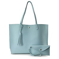 Minimalist Clean Cut Pebbled Faux Leather Tote Womens Shoulder Handbag Sea Blue Medium