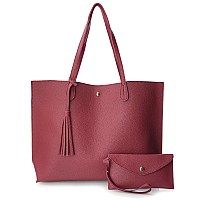 Minimalist Clean Cut Pebbled Faux Leather Tote Womens Shoulder Handbag Dark Red Medium