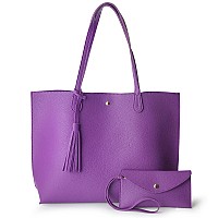 Minimalist Clean Cut Pebbled Faux Leather Tote Womens Shoulder Handbag Violet Medium