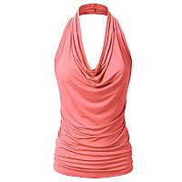 Eimin Womens Casual Halter Neck Draped Front Sexy Backless Tank Top Coral S