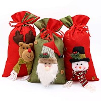 Ourwarm Christmas Gift Bags Bulk 3 Pcs Drawstring Gift Bags Large With 3D Santa Claus Snowman Reindeer Reusable Christmas Trea