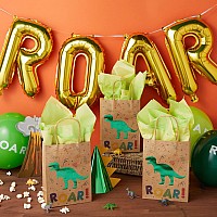 24 Pack Dinosaur Party Bags With Handles Green Foil Trex For Kids Birthday Celebration Dino Themed Baby Shower Party Favor D