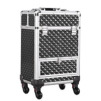 Yaheetech Rolling Makeup Train Case Aluminum Cosmetic Case With Wheels Barber Case Salon Lockable Travel Trolley With Sliding Dr