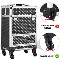 Yaheetech Rolling Makeup Train Case Aluminum Cosmetic Case With Wheels Barber Case Salon Lockable Travel Trolley With Sliding Dr