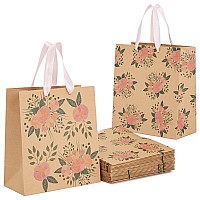 24 Pack Reusable Kraft Paper Floral Gift Bags With Pink Ribbon Handles For Party Favors Mothers Day Weddings Birthday Celebra