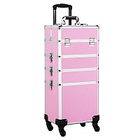 Yaheetech Professional Makeup Train Case 4 In 1 Rolling Cosmetic Trolley Makeup Case Organizer Makeup Travel Case, With 4 Detachable Removable Wheels, Pink