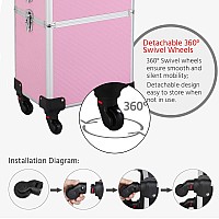 Yaheetech Professional Makeup Train Case 4 In 1 Rolling Cosmetic Trolley Makeup Case Organizer Makeup Travel Case, With 4 Detachable Removable Wheels, Pink