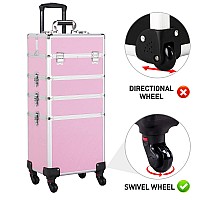 Yaheetech Professional Makeup Train Case 4 In 1 Rolling Cosmetic Trolley Makeup Case Organizer Makeup Travel Case, With 4 Detachable Removable Wheels, Pink