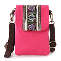 Vintage Embroidered Canvas Small Flip Crossbody Bag Cell Phone Pouch For Women Wristlet Wallet Bag Coin Purse Fuchsia 04