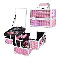 Joligrace Makeup Train Case Cosmetic Box Portable Makeup Case Organizer 2 Trays Makeup Storage with Mirror Locking for Cosmetologist Aesthetic Supplies Nail Tech Traveling Makeup Box Mermaid Pink