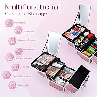 Joligrace Makeup Train Case Cosmetic Box Portable Makeup Case Organizer 2 Trays Makeup Storage with Mirror Locking for Cosmetologist Aesthetic Supplies Nail Tech Traveling Makeup Box Mermaid Pink