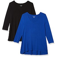 Amazon Essentials Womens 34 Sleeve Vneck Swing Tshirt Available In Plus Size Pack Of 2 Blackroyal Blue Large