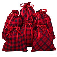 Aneco 6 Pack Cotton Buffalo Plaid Red And Black Plaid Drawstring Bag Stocking Storage Sack Present Xmas Gift Bags Party Favors B