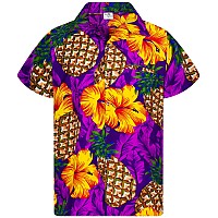 King Kameha Funky Hawaiian Shirt Shortsleeve Pineapple Hibiscus Purple M