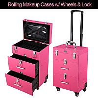 Byootique Rolling Makeup Train Case Pro Large Makeup Trolley Case Pvc Travel Cosmetic W 4 Wheel Lock Nail Polish Organizer Stor