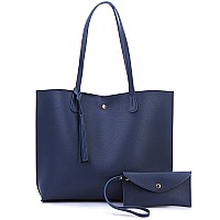 Minimalist Clean Cut Pebbled Faux Leather Tote Womens Shoulder Handbag Navy Medium