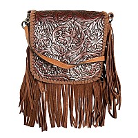 Western Floral Tooled 100 Leather Fringe Cross Body Purse Brown White Small