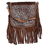 Western Floral Tooled 100 Leather Fringe Cross Body Purse Brown White Small