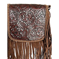 Western Floral Tooled 100 Leather Fringe Cross Body Purse Brown White Small