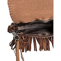 Western Floral Tooled 100 Leather Fringe Cross Body Purse Brown White Small