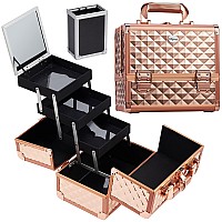 Joligrace Makeup Train Case Cosmetic Box Jewelry Organizer Professional 3 Tiers Trays With Mirror And Brush Holder Lockable Key