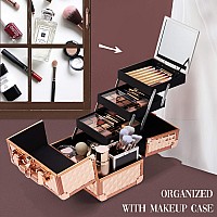 Joligrace Makeup Train Case Cosmetic Box Jewelry Organizer Professional 3 Tiers Trays With Mirror And Brush Holder Lockable Key