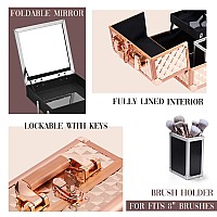 Joligrace Makeup Train Case Cosmetic Box Jewelry Organizer Professional 3 Tiers Trays With Mirror And Brush Holder Lockable Key