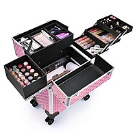 Stagiant Rolling Makeup Train Case Large Cosmetic Suitcase Trolley Makeup Luggage Storage Box 4 Tray With Sliding Rail Removable