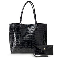 Minimalist Clean Cut Pebbled Faux Leather Tote Womens Shoulder Handbag Crocodile Black Medium