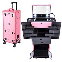 Byootique Pink Rolling Makeup Case Trolley Lockable With Mirror Light Pro Large Cosmetic For Artists Hair Stylist Barber Organiz