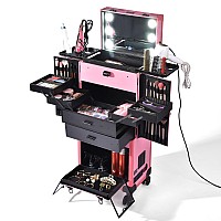 Byootique Pink Rolling Makeup Case Trolley Lockable With Mirror Light Pro Large Cosmetic For Artists Hair Stylist Barber Organiz