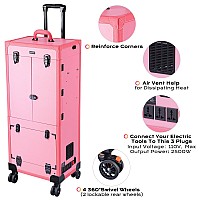 Byootique Pink Rolling Makeup Case Trolley Lockable With Mirror Light Pro Large Cosmetic For Artists Hair Stylist Barber Organiz